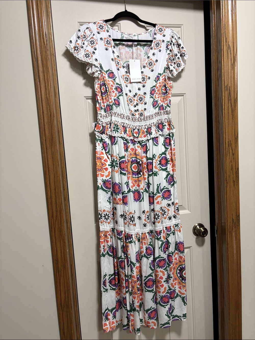 Dear John White Maxi Dress with Orange, Purple & Green Floral Print